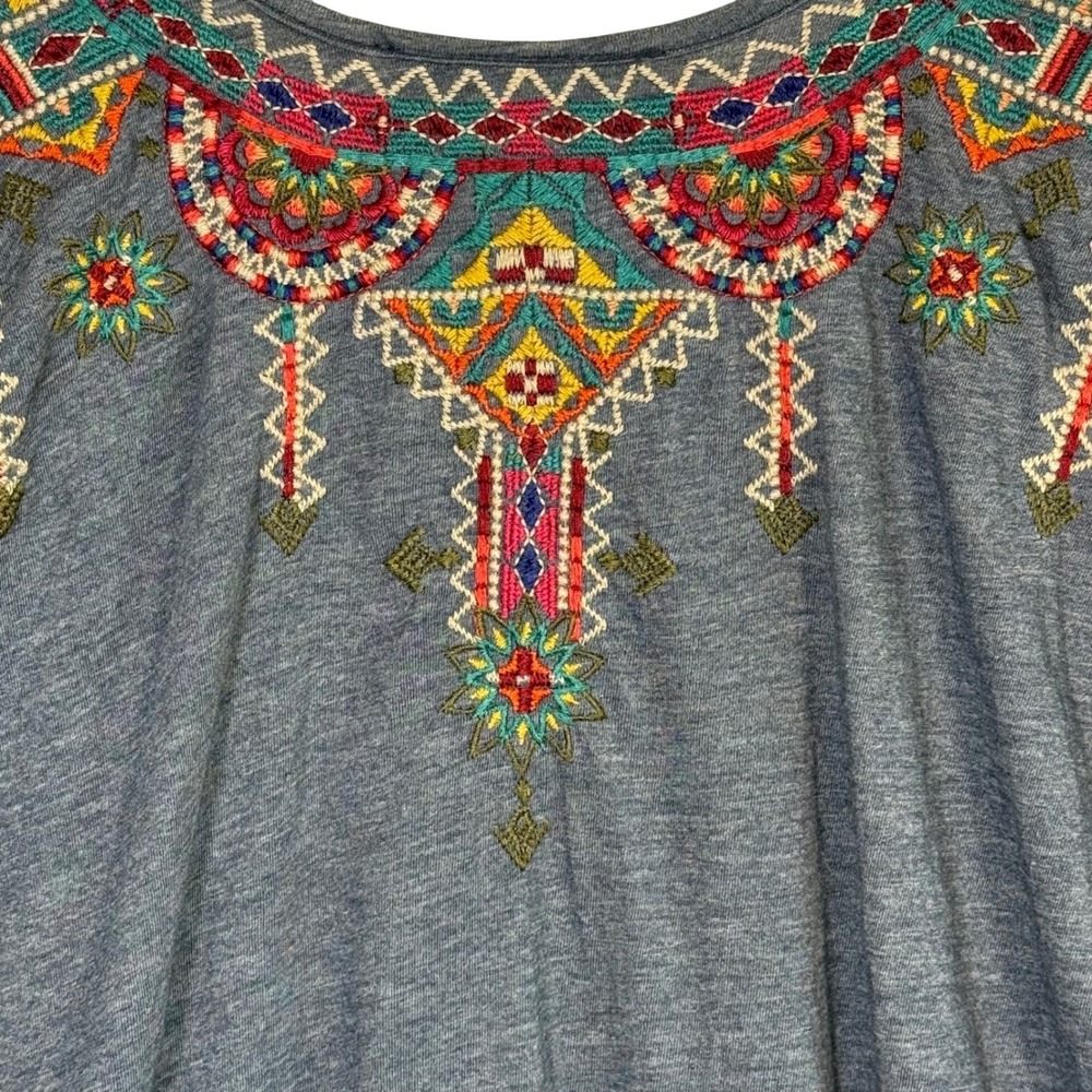 Johnny Was Embroidered V-Neck Cap Sleeve Boho Top Heathered Blue light Cotton S - Picture 4 of 10
